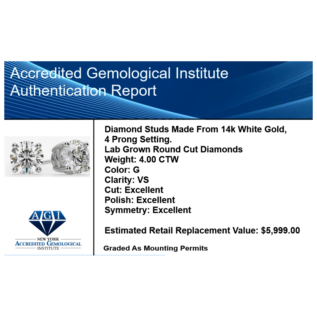 Aretes de Diamante de Laboratorio 4 CTW | Oro 14K Blanco o Amarillo – Certificados AGI