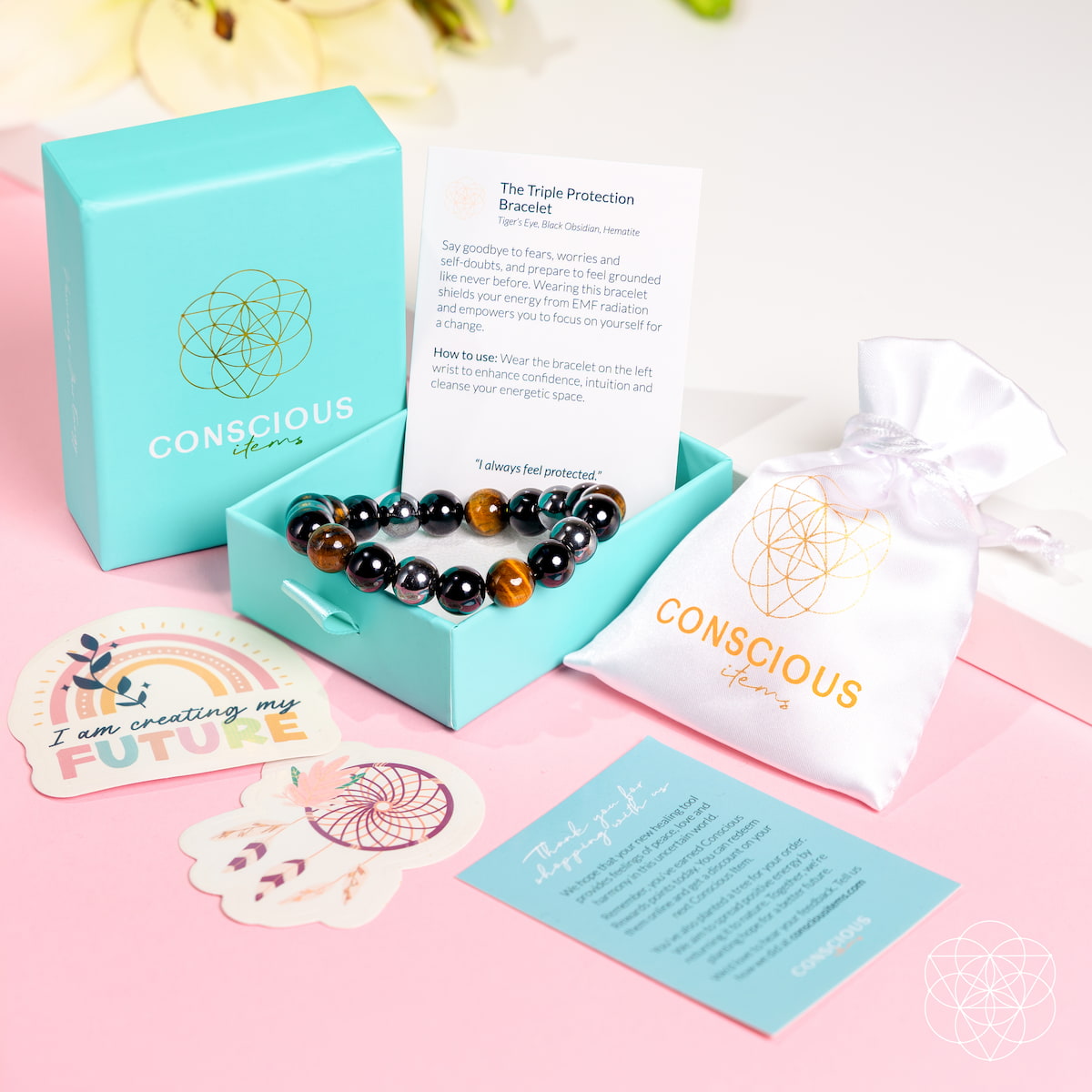 Pulsera Triple Protección | Hematita, Obsidiana Negra & Ojo de Tigre