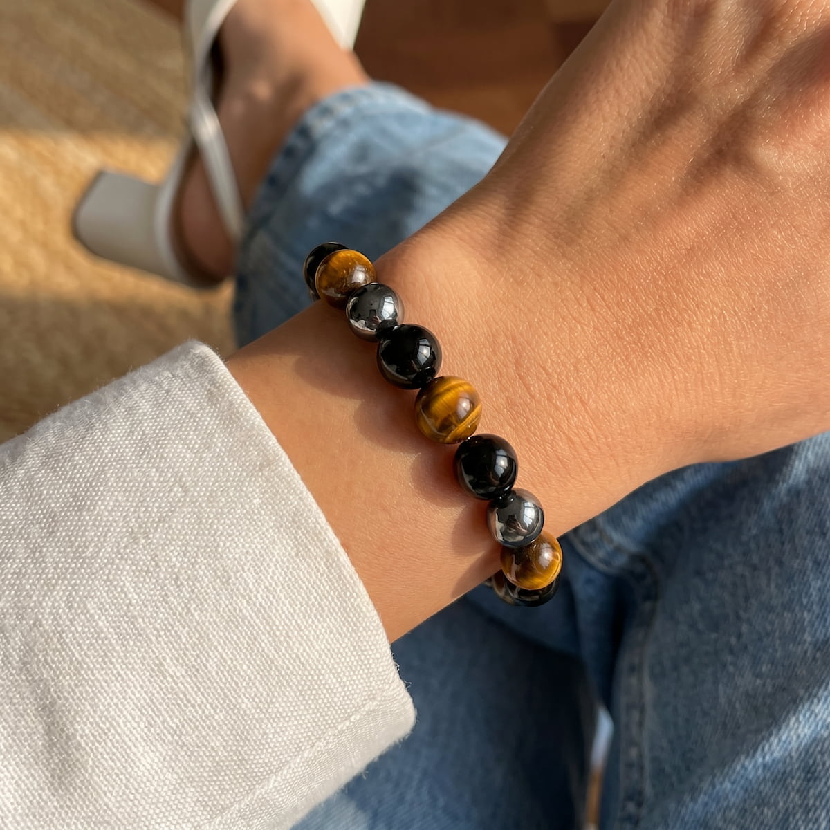 Pulsera Triple Protección | Hematita, Obsidiana Negra & Ojo de Tigre